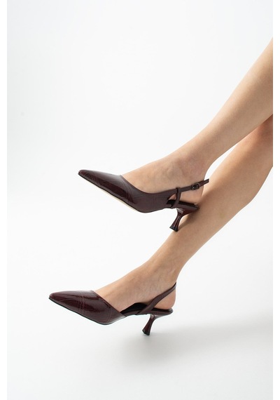 Dabab Shoes Maysa Kadın Bordo Rugan Kroko Dokulu Sivri Burun Bilek Bantlı İnce Topuklu Ayakkabı