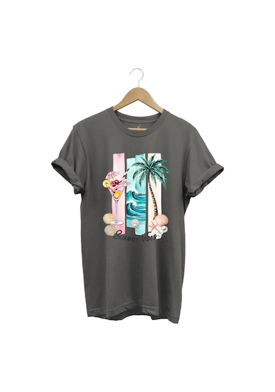 Summer Vibes Yaz Temalı Kokteyl, Palmiye Ve Deniz Desenli %100 Pamuk Regular Fit T-shirt Gri