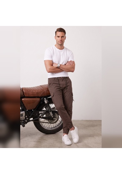 Deepsea Erkek Slim Fit Likralı Kahve Kargo Jogger Pantolon İpli Bel Lastikli Paça 1601569