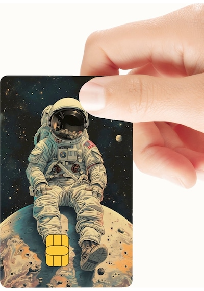 Ay Üzerinde Oturan Astronot Temalı Kredi Ve Banka Kartı Kaplama Sticker Standart