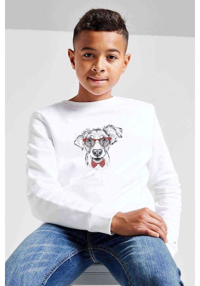 Tshirthane Papyonlu Köpek Baskılı Unisex Çocuk Beyaz Sweatshirt (528533993)