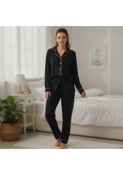 Bonbon Kadın Giyim Likralı Kumaş Uzun Kollu Siyah Renk Pijama Takımı Bb2669