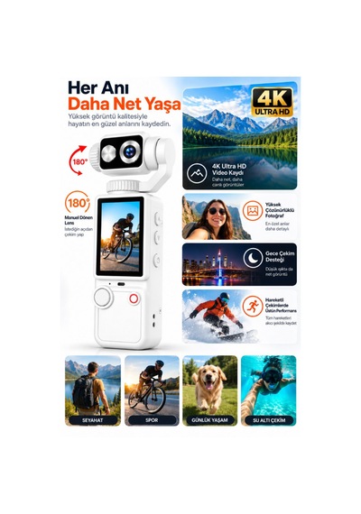 4k Ultra Hd Dijital Kamera 180 Dönen Lens Taşınabilir Video Fotoğraf Kamera 32gb Hafıza Kartı Hediye