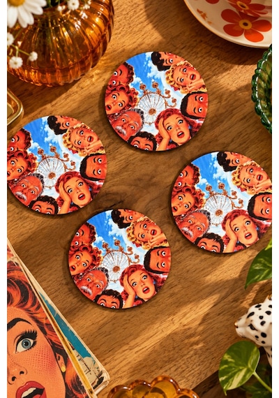 Vintage Surprise Temalı 4 Lü Bardak Altlığı Set 9 Cm, 3 Mm Ahşap Mdf, Dijital Baskı - 927007659 Diğer