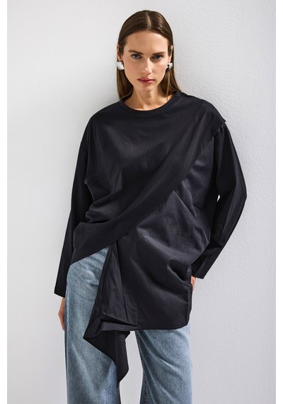 it's basic Kadın Siyah W5 Oversize Çift Parça Tasarım Gömlek Sweatshirt