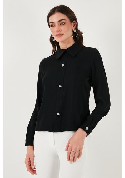 Lela Taşlı Regular Fit Gömlek Yaka Fermuarlı Bayan Bluz 611Bz0493 Siyah