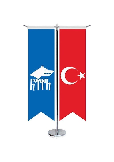 Göktürk Türk Kağanlığı Göktürkçe Bayrağı Ve Türkiye -kırlangıç - Saten T Direk 2li Masa Bayrağı 1