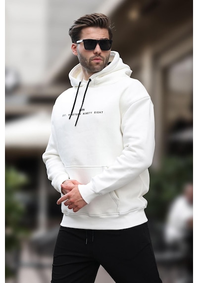 Madmext Ekru Kapüşonlu Nakış Detaylı Cepli Erkek Sweatshirt 7066-ekru Ekru