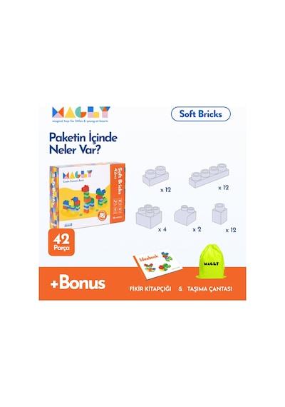 Magly Soft Bricks Yumuşak Yapı Blokları - Çocuklar İçin Renkli Esnek 42 Parça Yapı Blok Seti