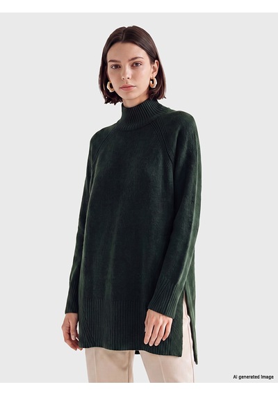 Lcw Modest Yeşil Yarım Balıkçı Yaka Oversize Kadın Triko Tunik Xl-2xl