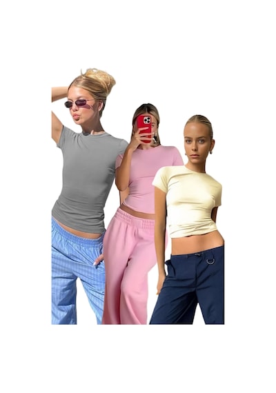 Sarı/pembe/boyalı Gri Bisiklet Yaka Basic Kadın Tişört 3'lü Set Mg1725 Sarı/pembe/boyalı Gri