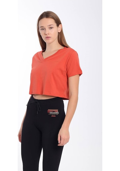 Maraton Sportswear Regular Kadın V Yaka Kısa Kol Basic Kiremit Crop Top 21236 Kiremit