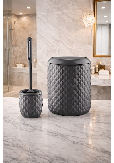 Ananas Desenli 2 Li Banyo Kovası Ve Tuvalet Fırçası Seti Gri
