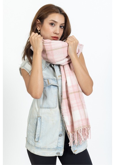 Ladycolor Ekoseli Yünlü Omuz Şalı - 70x200 Cm - Dayanıklı Akrilik Pembe