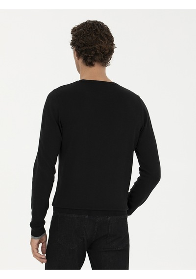 Cacharel Siyah Slim Fit Pamuk Karışımlı Bisiklet Yaka Basic Triko Kazak