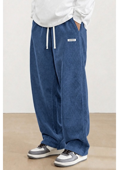 Genius Store Genıus Erkek Pantolon Fitilli Kadife Bol Paça Oversize Pantolon İndigo