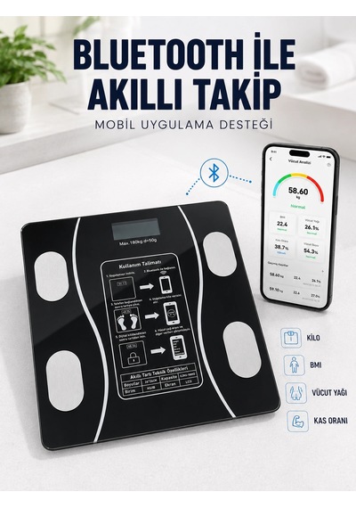 Akıllı Cam Baskül Bluetooth Mobil Uygulamalı Vücut Analiz Tartısı 180 Kg Lcd Ekran