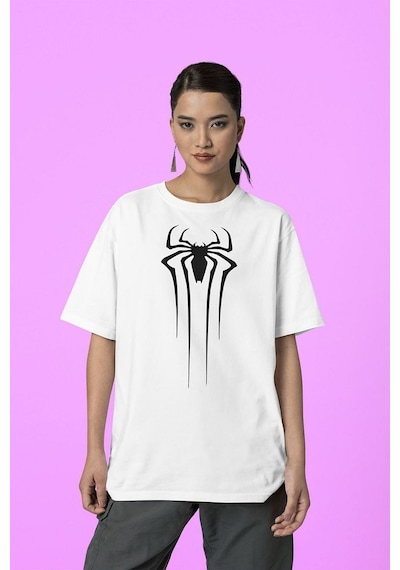 Örümcek Adam Film Logo Baskılı Unisex Marvel Oversize Tişört Beyaz