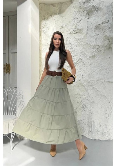 Neşeli Butik Kadın Bej Kat Kat Volanlı Tam Boy Etek Nbg128