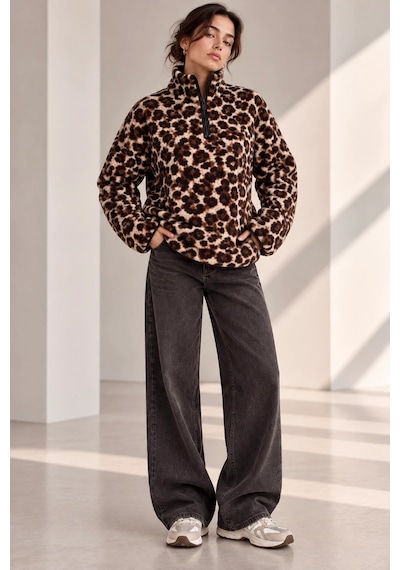 Bbbutikbasic Dik Yaka Yarım Fermuarlı Desenli Polar Sweatshirt My3535 Kahverengi Leopar Bbbutikbasic Dik Yaka Yarım Fermuarlı Desenli Polar Sweatshirt My3535 Kahverengi Leopar