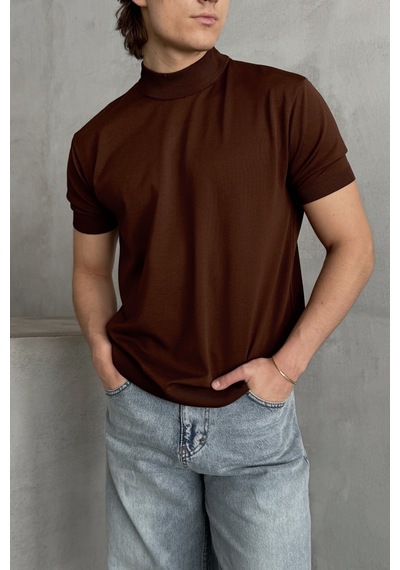 Erkek Oversize Yarım Balıkçı Triko T-shirt Kahverengi