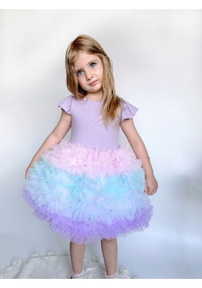 Linola Baby Kids Rainbow Tütü Etekli Kısa Kollu Çocuk Elbisesi Lila