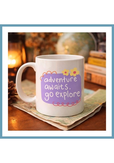 Bezos Adventure Awaits Go Explore Yazılı Porselen Kupa Model 157 Motivasyon Temalı, Sevimli Tasarım, Kahve & Çay Kupası Mbt06 Çok Renkli