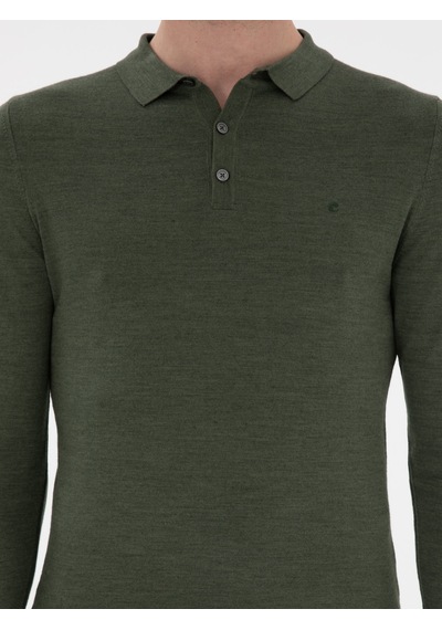Cacharel Haki Slim Fit Yün Karışımlı Polo Yaka Basic Triko Kazak Yesıl