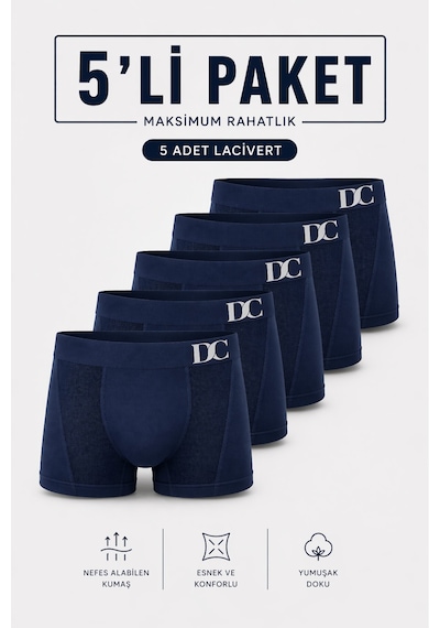 Elilom Erkek Boxer 5'li Paket Daily Comfort Dikişsiz Nefes Alır Pamuklu Lacivert Set 5p Lacivert