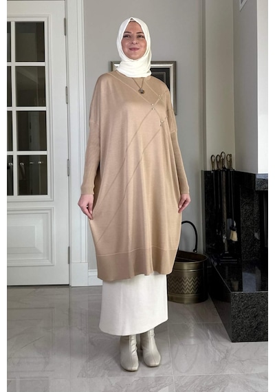 Rabia Şamlı Melda Triko Tunik Bej Çok Renkli