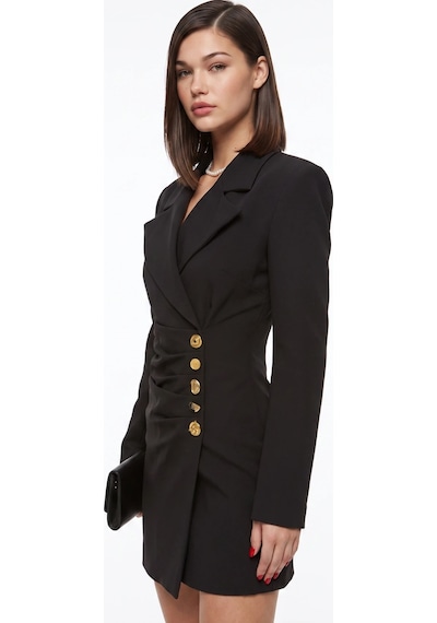 CEMO Yanı Büzgülü Ve Gold Düğme Detaylı Blazer Elbise Siyah
