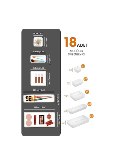 18'li Çekmece İçi Çok Amaçlı Organizer -kozmetik Takı Makyaj Organizeri Dolap İçi Düzenleyici Şeffaf