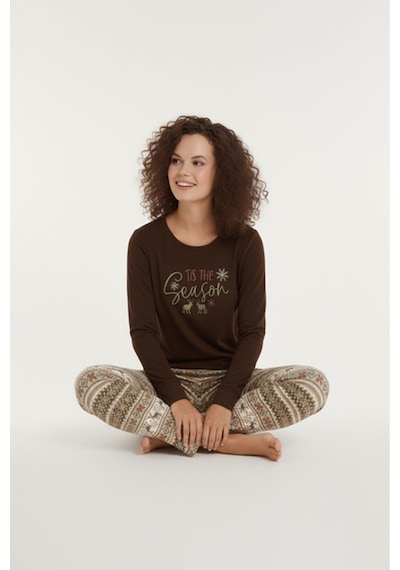 Luxury Thermal Season Geyik Desenli Kadın Polar Kışlık Pijama Takımı 42059 Kahverengi
