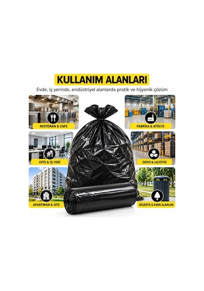 Endüstriyel Battal Boy Çöp Torbası Seti 72x95 Cm Siyah - Koli Içi 120 Adet 12 Rulo X 10 Adet