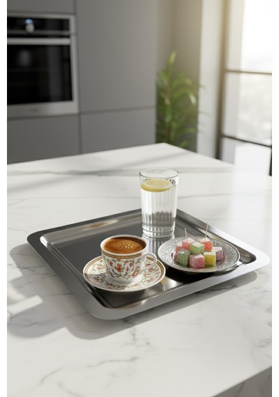 Gökdil 2 Adet 22x22 Kare Gümüş Renk Kahve Sunum Tepsisi Gri