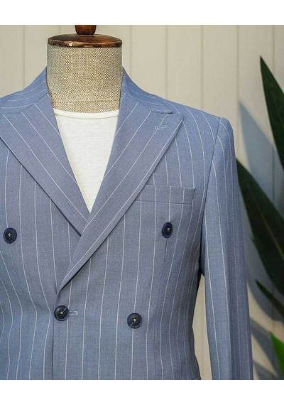 Bys Beystil Sivri Yaka Mavi Çizgili Kruvaze Takım Elbise 53151 - Slim Fit