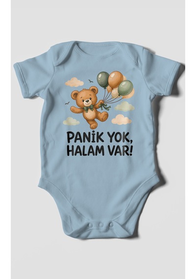 Morivokids Panik Yok, Halam Var Kısa Kollu Bebek Body %100 Pamuk Bebe Mavisi