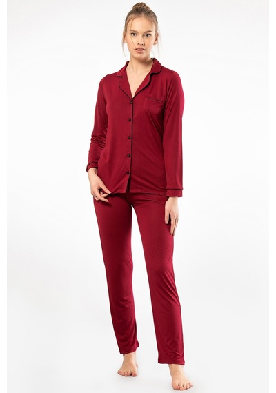 Türen 3365 Kadın Uzun Kollu Gömlek Yaka Pijama Takım-bordo Bordo