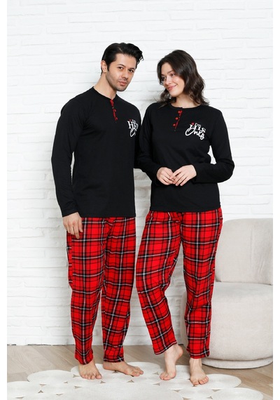 Enisena Kadın Pijama Takımı - Ekose Altlı- Eş Versiyonlu -12581 Siyah