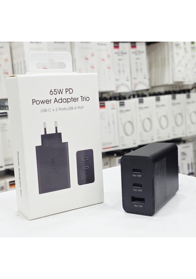 65w Pd Üçlü Hızlı Şarj Adaptörü - Super Fast Charging Destekli, 2x Type-c 1x Usb-a 3 Portlu Şarj Başlığı Siyah