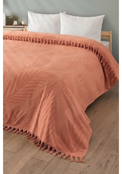 Tek Kişilik Saçaklı Havlu Yatak Örtüsü - %100 Pamuk & Yumuşak & Saçaklı Pike - 150x220 Cm-kiremit Kıremıt