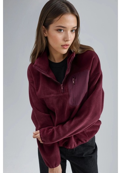 Hiccup Busem Fermuarlı Yakalı Peluş Örme Sweatshirt, Cepli Bordo Kırmızı