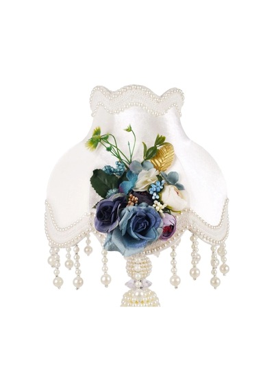 Beyaz Kadife Kaplı Çiçek Dekorlu Başlık İncili Beyaz Ayaklı Klasik Model Abajur 50x30cm