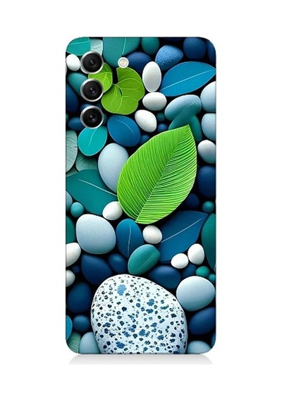 Samsung Galaxy S21 Fe Uyumlu Mavi Turkuaz Taşlar Ve Yeşil Yaprak Desenli Silikon Kılıf