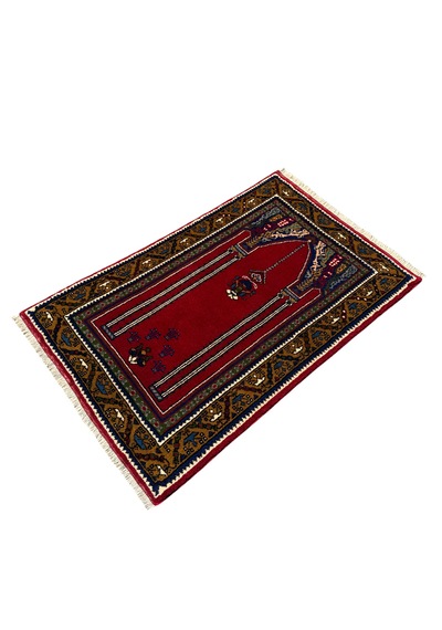 El Dokuma Sıfır Taşpınar Halısı Seccade 74x120 Kırmızı %100 Yün Hatasız Namazlık Kırmızı
