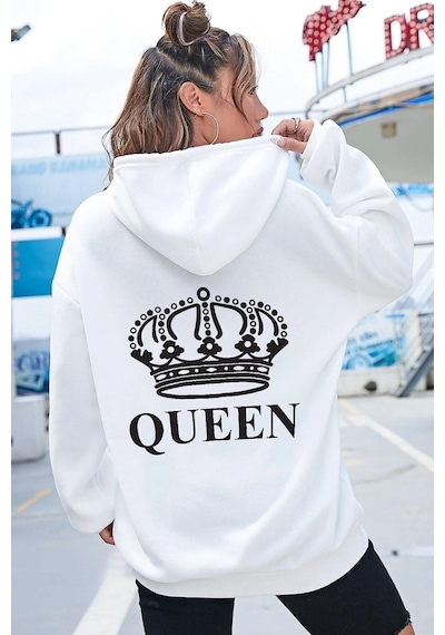 Uyguntarz Unisex Quenn Sırt Baskılı Sweatshirt beyaz