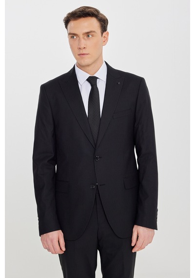 Altınyıldız Classıcs Erkek Sıyah Slim Fit Kırlangıç Yaka Çizgili Esnek Takım Elbise Siyah
