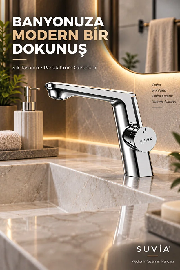 Lavabo Bataryası Pirinç Gövde Krom Kaplama Banyo Musluğu Modern Tasarım Sıcak Soğuk Su
