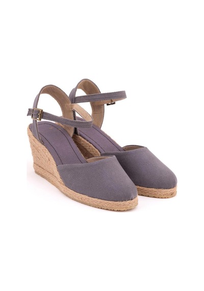 Star Tombis Gerçek Elişi Topuğu Açık Bilekten Bantlı Dolgu Topuk Keten Hasır Espadril Handmade Gri