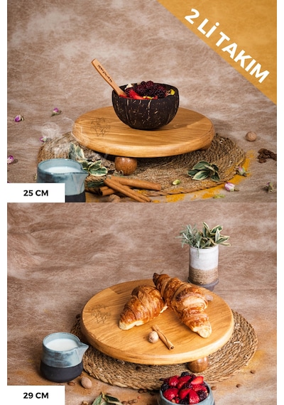 2 Li Risustop Ayaklı 25 Cm Ve 29 Cm Ahşap Pasta Sunum Tabağı
